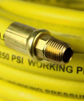 Close-up of solid brass NPT fittings on Built Tough As Nails 50 Foot Pneumatic Air Hose With 3 8 Inch Diameter And 250 Psi Rating.