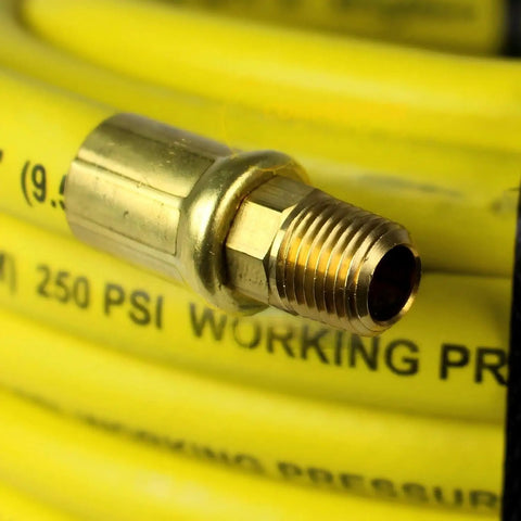 Close-up of solid brass NPT fittings on Built Tough As Nails 50 Foot Pneumatic Air Hose With 3 8 Inch Diameter And 250 Psi Rating.