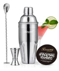 24 Ounce Cocktail Shaker Set With Bar Quality Strainer, Measuring Jigger, Mixing Spoon And Easy Recipe Guide For Beginners, Pro Grade Home Bar Kit In Silver; stainless steel set