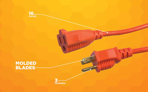 Close-up of 25 ft 16 gauge SJTW orange outdoor extension cord with molded blades, 3-pronged plug