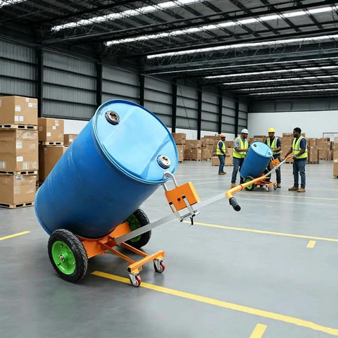 55 Gallon Drum Dolly With 16 Inch Pneumatic Tires Built Tough Heavy Duty Steel Hand Truck For 1000 Lb Loads All Terrain Mobility Four Wheel Drum Carrier For Warehouse Or Shop, blue drum in warehouse