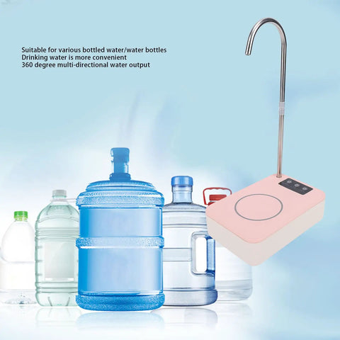 Desktop Water Dispenser Pump For 2, 3, 5 Gallon Bottles, Portable Bottle Pump with spout and pink body next to water bottles.