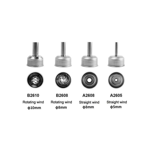 Nozzle tips for 1000W Soldering Station With Intelligent Hot Air Rework for DIY Phone and PCB Repairs, showing different sizes and wind types.