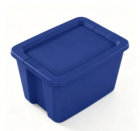 Built Tough 18 Gallon Blue Plastic Storage Tote Bin Featuring A Secure Snap On Lid For Zero Hassle Home Organization And Reliable Gear Storage Year Round, side view