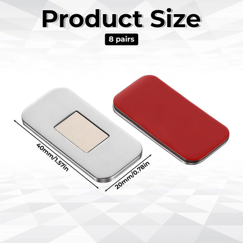Ultra Thin Cabinet Magnets 8 Pack No Fuss Closure With Adhesive Door Catch, dimensions shown, stainless steel and red design.