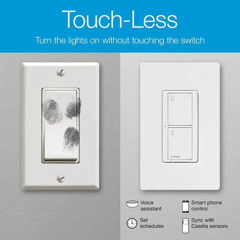Comparison of traditional switch with fingerprints and Smart Light Switch Three Way Kit With Pico Remote And Wall Plate And Wall Bracket