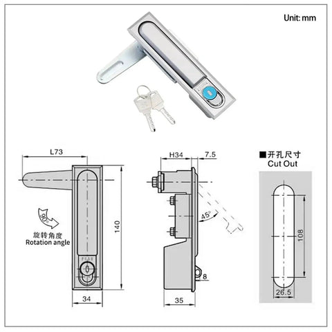 Technical diagram of Sleek Matte Black Flat Lock Replacement Part in zinc alloy housing, showing side, front views, and dimensions.