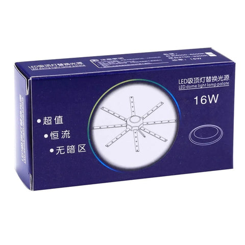 Box of 16W LED dome light lamp plate with design illustration on blue packaging