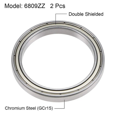 6809ZZ Deep Groove Ball Bearing Set 45mm Inner Diameter 58mm Outer Diameter 7mm Width Double Shielded Z2 Chrome Steel 2 Pack, close-up