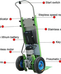 Heavy Duty Electric Sack Truck Stair Climber With 400kg Load Capacity showing battery indicator, stainless steel body, and 800w brushless motor.
