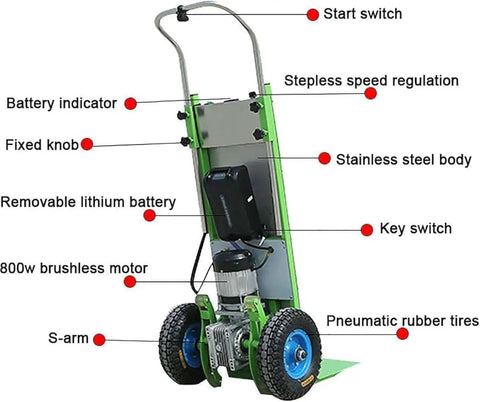 Heavy Duty Electric Sack Truck Stair Climber With 400kg Load Capacity showing battery indicator, stainless steel body, and 800w brushless motor.