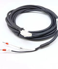 Front view of holding brake cable for servo motor, 15 m, black jacket, white 2-pin plug, two stripped conductors.