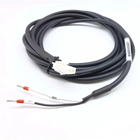 Front view of holding brake cable for servo motor, 15 m, black jacket, white 2-pin plug, two stripped conductors.
