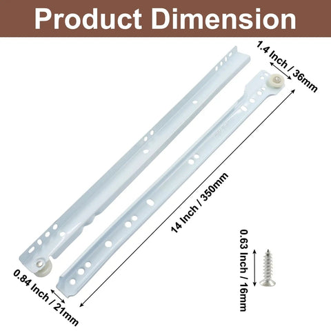 Heavy Duty Full Extension Drawer Slides, 14 Inch Two Pair, White Coated Steel Runners displayed with dimensions
