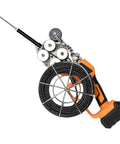 BeoyNot Automatic Fish Tape Tool Electric Cable Lead Pipe Stringing Machine With 2 Batteries Runs Up To Forty Meters Per Minute, showcase of tool with wire reel and handle.