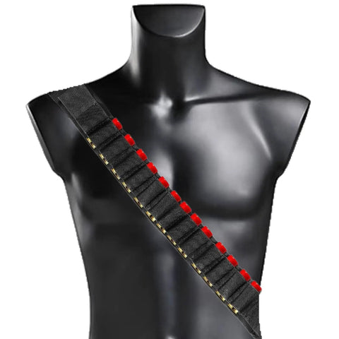 Black Tactical Ammo Sling For Shotgun And Rifle, Adjustable Shell Belt That Holds 15 Rounds, displayed on mannequin