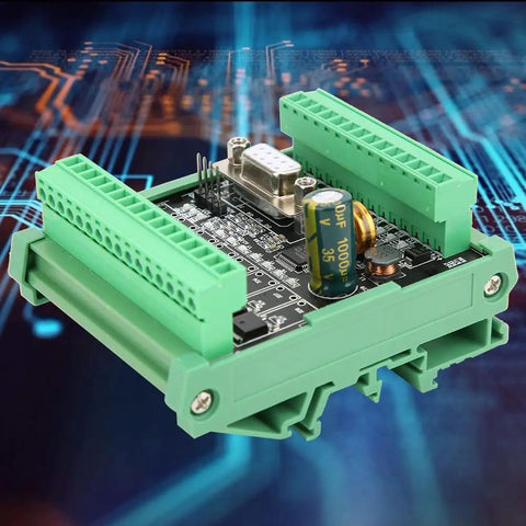 Programmable PLC Controller For Industrial Automation With 12 Input Points And 8 Transistor Outputs, Optional Analog Input 0 To 10 Volt, Plug And Play Flexible Control Board For Manufacturing And Process Systems on a circuit board background