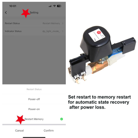 Smart Water Valve Controller 3rd Gen WiFi Shutoff for Home Automation Works With Alexa And Google Assistant No Hub Needed Durable Stainless Steel Mount Fits Quarter Turn Ball Valves Black with app settings displayed.