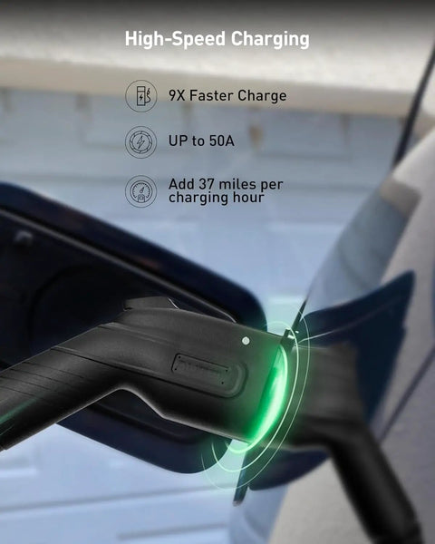 Smart Level 2 EV Charger Up To 50 Amp 240 Volt Indoor Outdoor Car Charging Station with J1772 Connector in use
