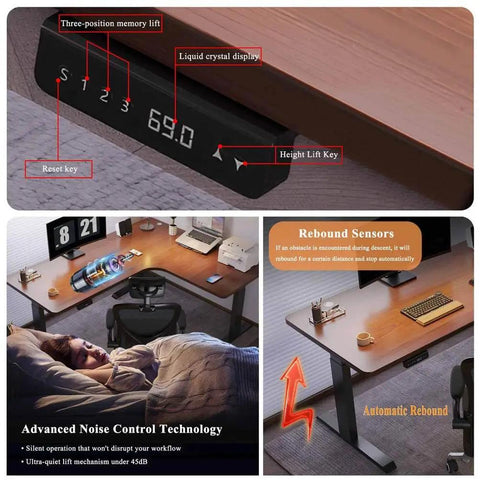 Electric Height Adjustable L Shaped Standing Desk With Smooth Dual Motors For Home Office Corner Setup showing controls and features.