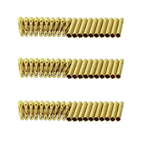 Gold Plated 2.0mm Bullet Banana Connectors Set, 30 Pairs (30 Male And 30 Female) arranged in rows, for RC projects and upgrades.