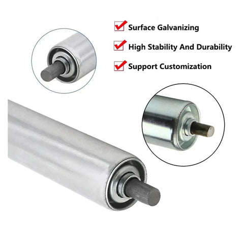 Heavy Duty 1 Pcs Galvanized Conveyor Roller For Industrial Assembly Line Transport Fits Various Systems With Four Diameter Sizes To Stop Rust And Keep Your Production Rolling Smoothly Without Any Fuss close-up view showing surface and bearing details.