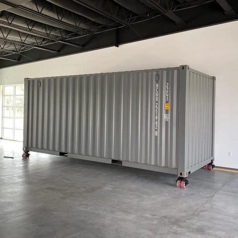 Shipping container on Set of 4 Heavy Duty Shipping Container Dual Caster Wheels With 6,250 Lbs Capacity Per Caster, Corrosion-Resistant Galvanized Steel Construction, Easy On Off Install, Perfect For Moving Containers In Tight Spaces.