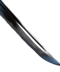 Close-up of unsharpened carbon steel iaito iaido practice katana sword for safe training 41 inch overall length full tang blade crane tsuba