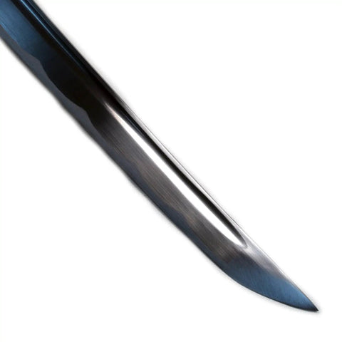 Close-up of unsharpened carbon steel iaito iaido practice katana sword for safe training 41 inch overall length full tang blade crane tsuba