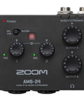 Front view of AMS 24 USB Audio Interface for Musicians and Podcasters with 2 Inputs 4 Outputs, knobs, and indicators visible.