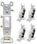 Single Pole Toggle Light Switch 15 Amp 120 Volt Quiet Framed In Wall On Off Replacement Self Grounding UL Listed Glossy White 5 Pack For Residential And Commercial Use Durable Thermoplastic Frame For Easy Install And Long Lasting Performance.