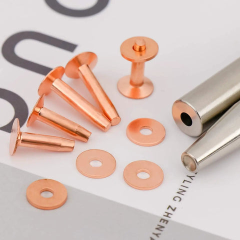 Copper Rivets And Burrs Kit, 20 Pieces In 14mm And 19mm, Includes 2 Punch Rivet Tools And Setter For No Fuss Quick Easy DIY Leather Crafting On Belts, Bags, Collars, And Bracelets - close-up