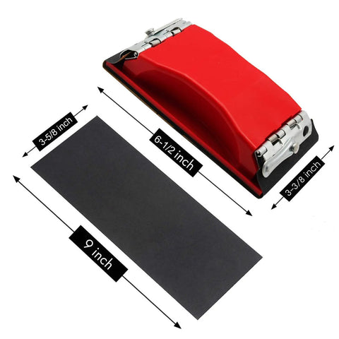 Pro Grade Wet And Dry Sandpaper Kit With 42 Pack Assorted Grits From 120 To 3000, 9x3.6 Inch Sheets shown with red sanding block.