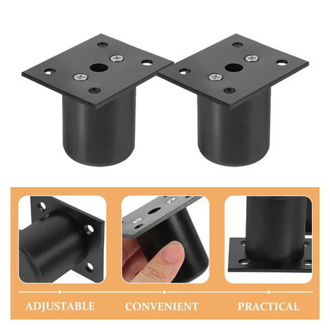 Adjustable Furniture Feet 4 Pack Aluminum Alloy 5cm Black Sofa Legs Cabinet Risers With Silent Wear Resistant Feet For Leveling Anti Slip Built To Last Heavy Duty Strength And No Fuss Easy Install, shown in three views highlighting adjustability and convenience.