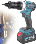 Beat Every Project With This Cordless Electric Rivet Gun Kit Featuring 21V Juice And Dual 5200 Mah Batteries For No Sweat Automatic Riveting M3 Through M12, close-up of cordless rivet gun with battery.