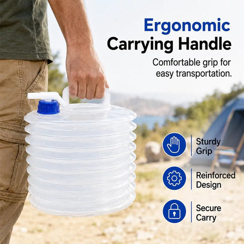 Person carrying collapsible 5 gallon water jug with spigot and vent for camping and home emergency prep, BPA free portable water carrier