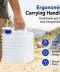 Person holding Grab-And-Go Collapsible Water Storage Container With Spigot, BPA Free Foldable Jug with sturdy handle for easy carry.