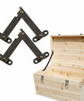 Two Pack Lid Lift Hinge With Stay Support For Cupboards And Wooden Boxes, iron construction 114x31mm shown with wooden box