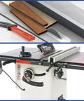 Plastic Magnetic Push Stick with black handle and red shaft on table saw with wood pieces nearby for safer cutting.