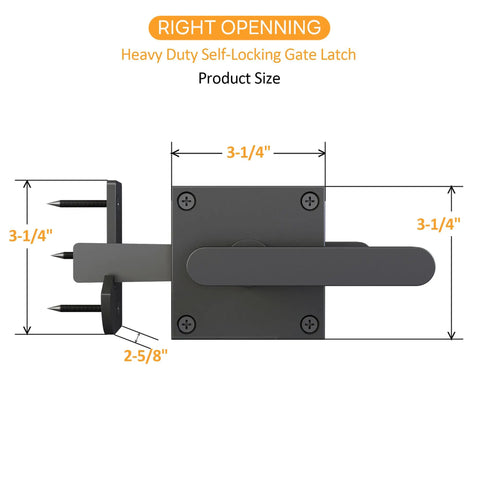 Double Sided Gate Latch For Right Inswing Gates, Self Locking, Handles On Both Sides, Black Finish, Easy Spring Loaded Privacy Lock For Quick, No Fuss Outdoor Gate Security, 3-1/4in size