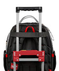Heavy Duty Canvas Jobsite Backpack With 48 Pockets And Ultra Comfortable Load Bearing Harness, showing back with rolling handle.