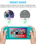 Switch Lite Analog Stick Repair Kit 19 In 1 OEM Thumbstick Parts overview with image showing damaged and drift joysticks
