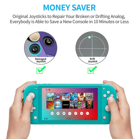 Switch Lite Analog Stick Repair Kit 19 In 1 OEM Thumbstick Parts overview with image showing damaged and drift joysticks