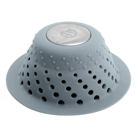 Over Drain Dome Hair Catcher Protector For Shower And Tub Keeps Water Flowing While Trapping Hair No Clog Drama With Silicone And Stainless Steel Design Easy Pop In Fit Durable Gray Drain Cover shown from side angle, highlighting perforated surface and stainless steel cap.