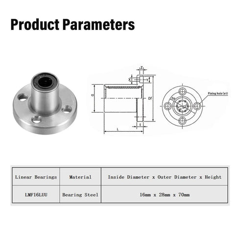 16mm Linear Ball Bearing LMF16LUU Extra Long Round Flange Bushing with dimensions and material information