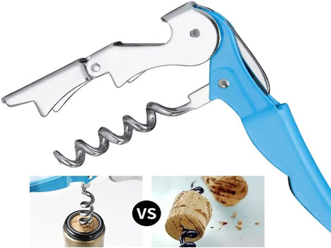 Pro Grade All In One Waiter Corkscrew Set With Heavy Duty Stainless Steel Wine Opener in blue with foil cutter and beer opener