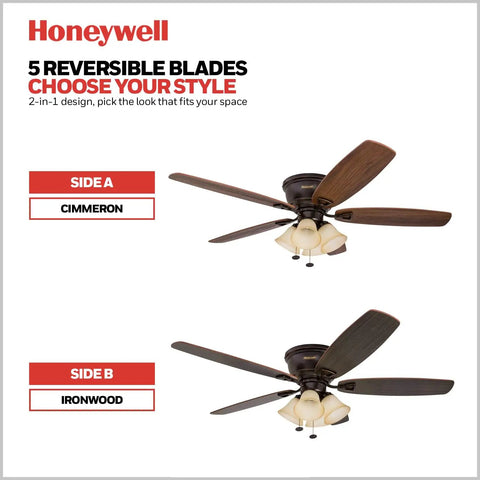 Glen Alden 52 Inch Indoor LED Ceiling Fan with Light in oil rubbed bronze showing reversible blades, side A Cimmeron, side B Ironwood.