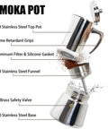 Exploded view of a 12 Cup Thickened 304 Stainless Steel Moka Pot Stovetop Espresso Maker For Induction Kickass Cafeteras Italian Percolator Mocha Coffee Machine 600ml 20oz Durable Handle Built For Home And Camping