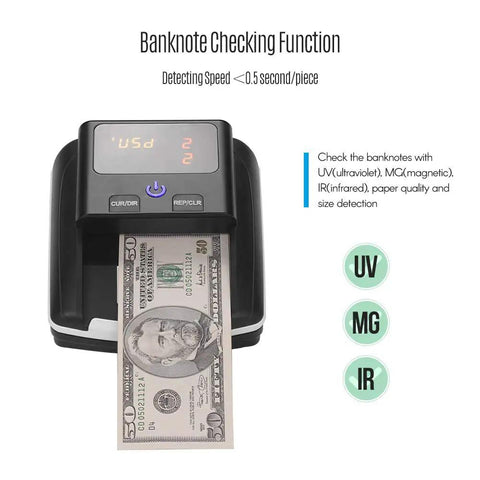 Mini UV Counterfeit Money Detector For USD Euro GBP With UV MG IR Detection showing banknote verification process