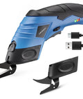 Rechargeable Electric Scissors USB Cordless Fabric Cutter For Cardboard Craft Sewing & Home Projects, blue handheld tool with USB charger.